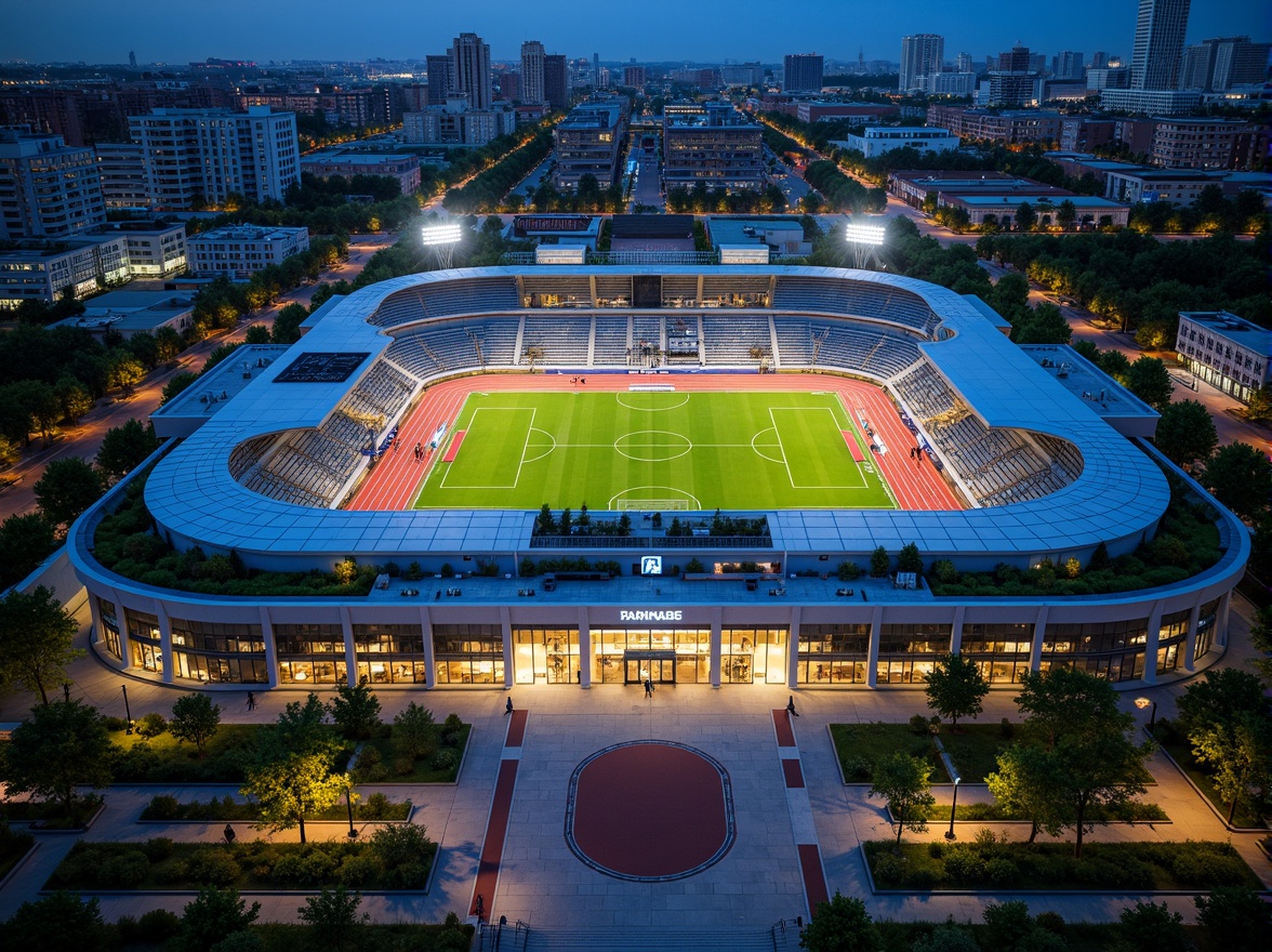 Prompt: Urban stadium, modern architecture, grand entrance gates, ticket booths, pedestrian walkways, green roofs, urban skyline views, busy city streets, surrounding skyscrapers, vibrant nightlife, LED scoreboard displays, floodlighting, athletic tracks, soccer fields, seating areas, concession stands, restrooms, emergency exit signs, staircases, elevators, VIP lounges, media boxes, broadcast cameras, 3/4 composition, low-angle shot, dramatic lighting, realistic textures, ambient occlusion.