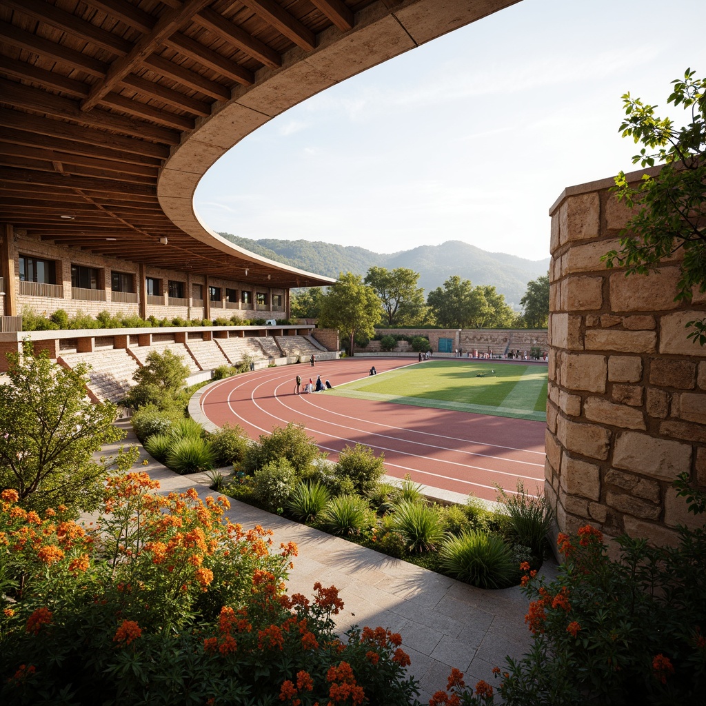 Prompt: Rustic stadium, natural stone fa\u00e7ade, curved lines, earthy tones, wooden beams, exposed brick walls, traditional vernacular architecture, grandstand seating, lush greenery, vibrant flowers, athletic tracks, sports equipment, Olympic torches, warm sunny day, soft warm lighting, shallow depth of field, 3/4 composition, panoramic view, realistic textures, ambient occlusion.