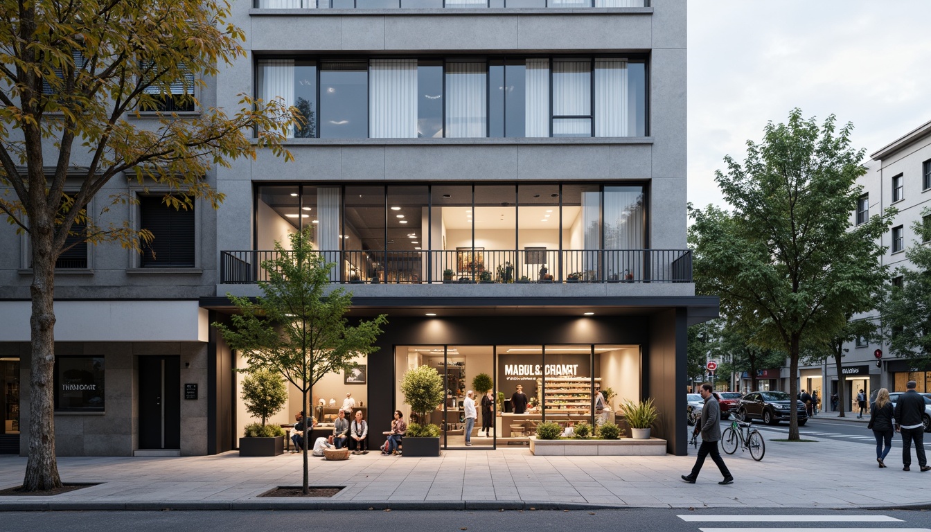 Prompt: Minimalist market facade, clean lines, monochromatic color scheme, industrial materials, metal frames, glass windows, neutral tone, subtle branding, simple signage, urban context, bustling streets, morning light, soft shadows, 1/1 composition, realistic textures, ambient occlusion, pedestrian activity, street furniture, bicycle racks, greenery accents.