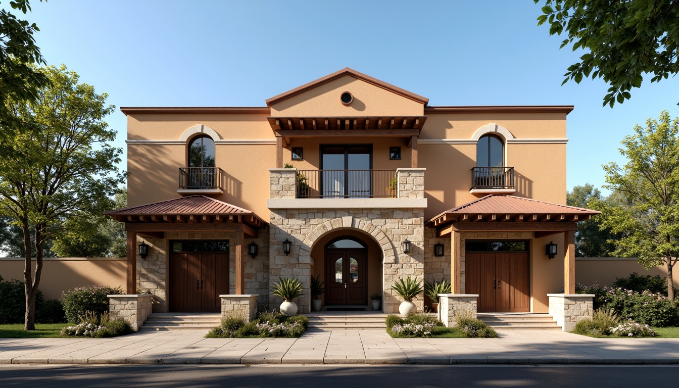 Prompt: Rustic regional bank facade, earthy tones, natural stone walls, wooden accents, traditional ornate details, copper roofing, grand entrance archways, columned porticos, symmetrical composition, soft warm lighting, shallow depth of field, 1/1 aspect ratio, realistic textures, ambient occlusion, lush greenery, blooming flowers, sunny day, clear blue sky.