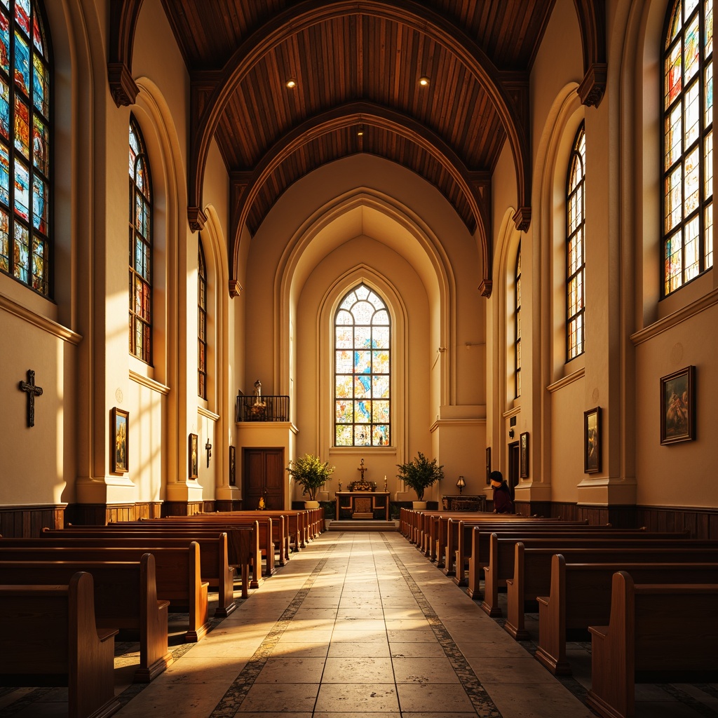 Prompt: Sacred church interior, warm golden lighting, soft beige walls, rich wooden accents, vibrant stained glass windows, elegant archways, serene atmosphere, peaceful ambiance, calming color scheme, natural stone flooring, subtle texture, gentle contrast, 2/3 composition, atmospheric perspective, realistic materials, ambient occlusion.