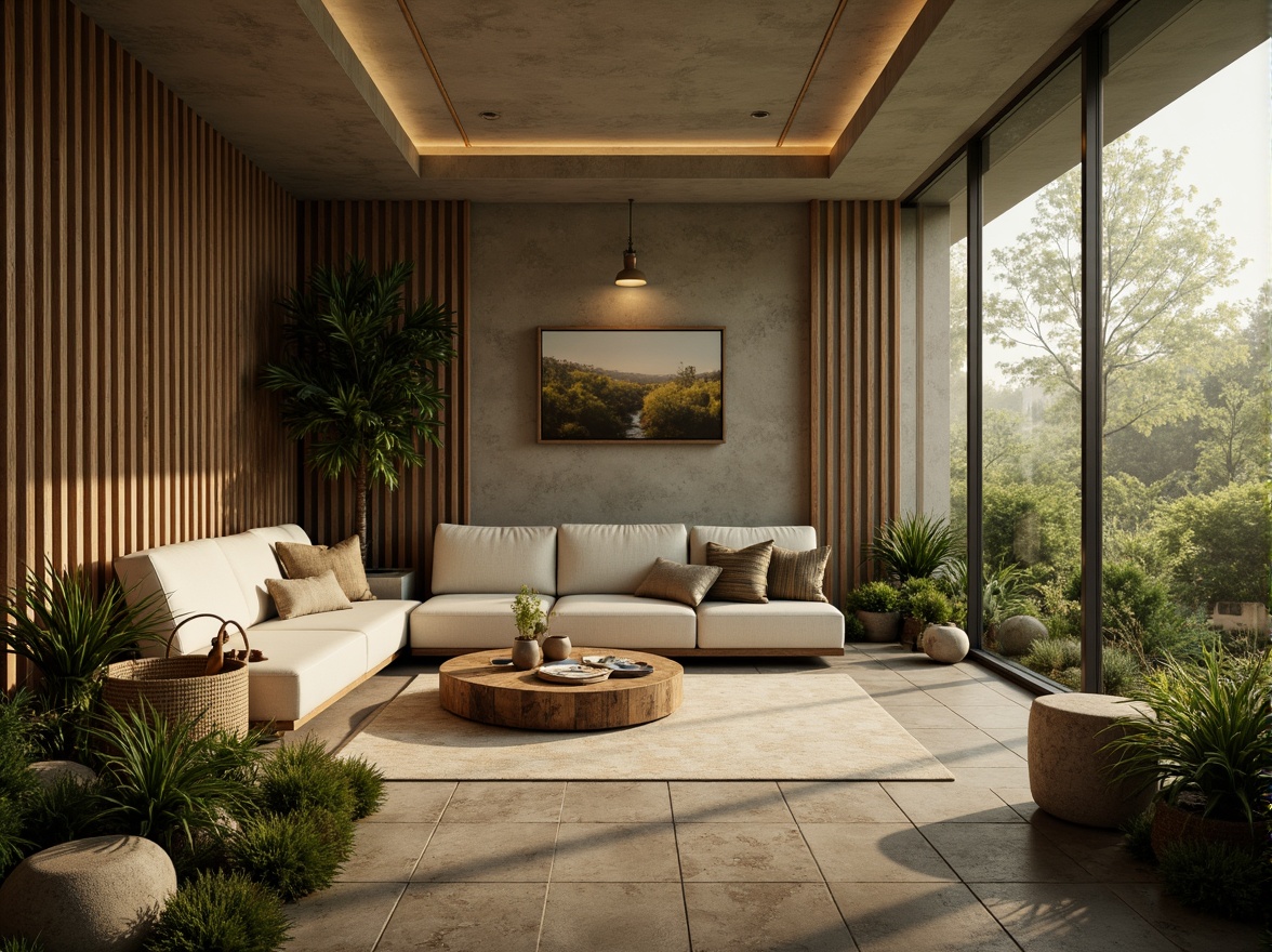 Prompt: Earthy olive tones, muted greenery, warm beige surfaces, natural stone textures, rustic wooden accents, soft mossy undertones, creamy whites, weathered metal details, subtle golden highlights, ambient warm lighting, shallow depth of field, 1/1 composition, realistic renderings, atmospheric fog effects.