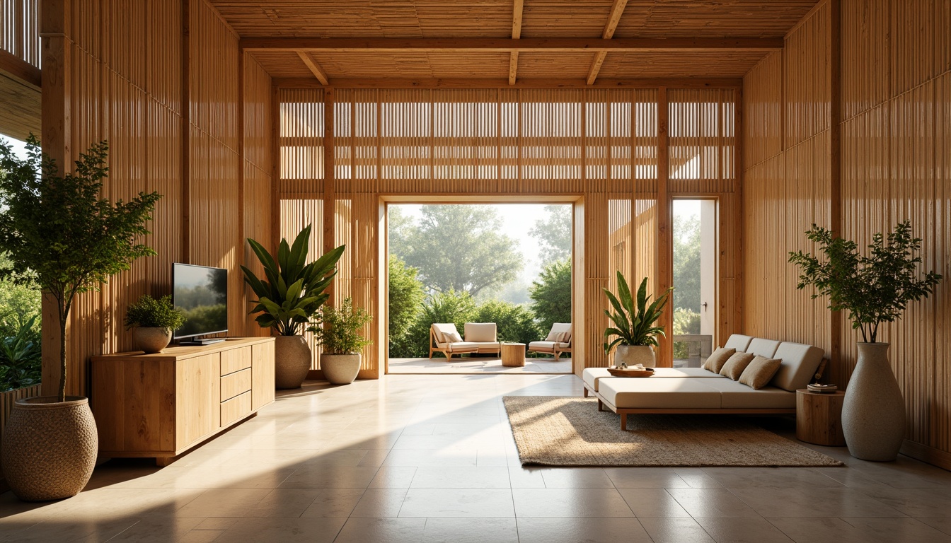 Prompt: Eco-friendly bamboo structures, organic forms, natural textures, earthy tones, sustainable materials, minimalist design, open spaces, airy atmosphere, soft warm lighting, shallow depth of field, 3/4 composition, panoramic view, realistic textures, ambient occlusion.