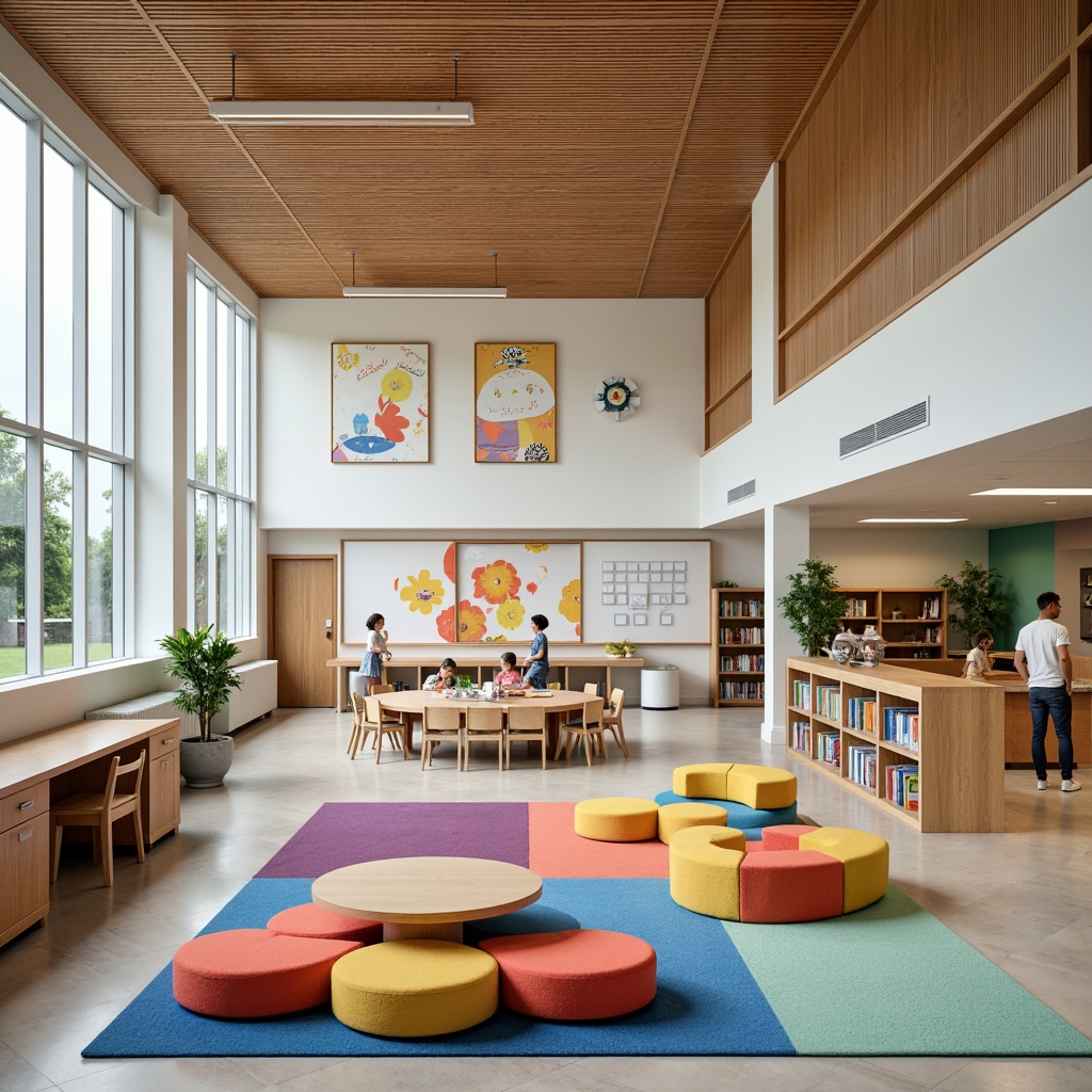 Prompt: Vibrant elementary school interior, open-plan classrooms, collaborative workspaces, modular furniture, colorful rug areas, interactive whiteboards, playful lighting fixtures, ergonomic chairs, circular tables, bookshelves with ladder access, cozy reading nooks, natural wood accents, soft pastel colors, textured wall panels, modern acoustic ceilings, floor-to-ceiling windows, abundant natural light, flexible seating arrangements, technology integration, minimalist decor, functional storage solutions, inclusive spaces for diverse abilities.