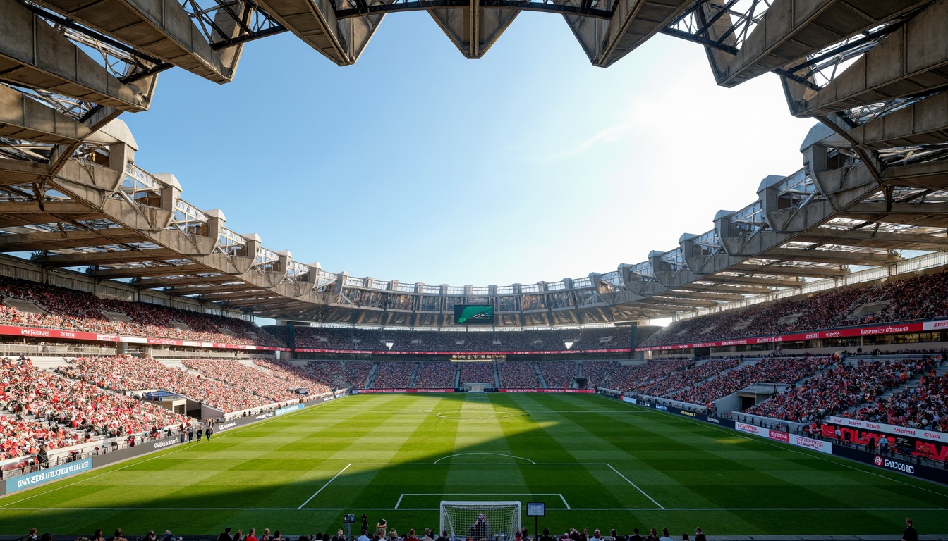 Prompt: Grand football stadium, majestic arches, robust steel beams, vibrant team colors, lush green grass, sleek player benches, modern scoreboards, dynamic floodlights, dramatic shadows, rustic concrete textures, sweeping curved lines, angular futuristic architecture, cantilevered roofs, open-air upper decks, bustling concourses, energetic crowd atmosphere, warm sunny day, shallow depth of field, 1/1 composition, cinematic lighting, realistic reflections.