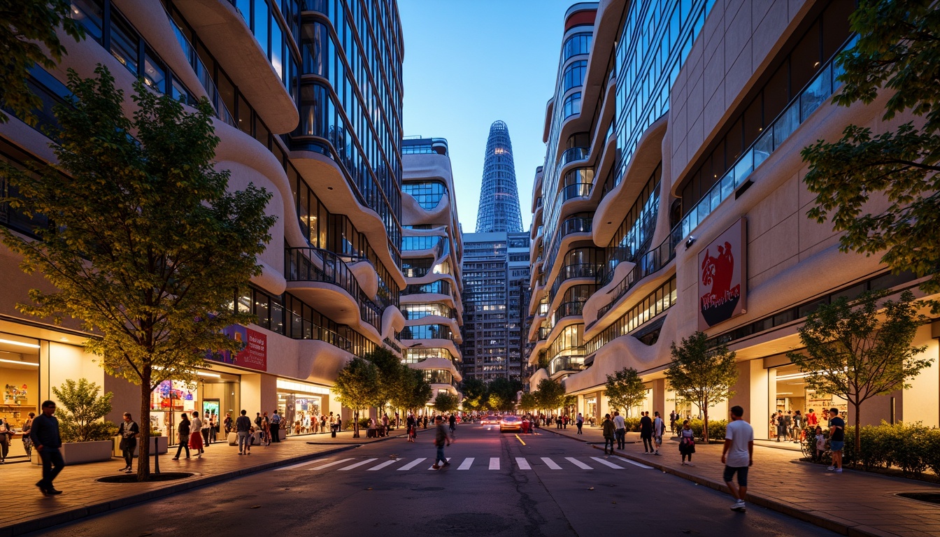 Prompt: Organic blob-shaped buildings, reflective glass surfaces, iridescent colors, futuristic architecture, urban cityscape, bustling streets, vibrant nightlife, neon lights, modern street art, eclectic mix of cultures, diverse crowd, lively atmosphere, warm golden lighting, shallow depth of field, 1/2 composition, panoramic view, realistic textures, ambient occlusion.