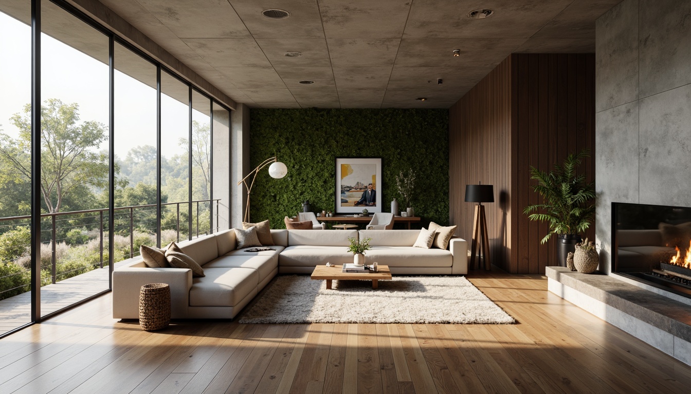 Prompt: Modern living room, sleek minimalist furniture, polished wooden floors, neutral color palette, floor-to-ceiling windows, natural light, soft warm ambiance, cozy throw blankets, plush area rugs, industrial metal accents, greenery walls, ambient lighting, 1/1 composition, shallow depth of field, realistic textures, spacious open layout, functional storage solutions, eclectic decorative art pieces.