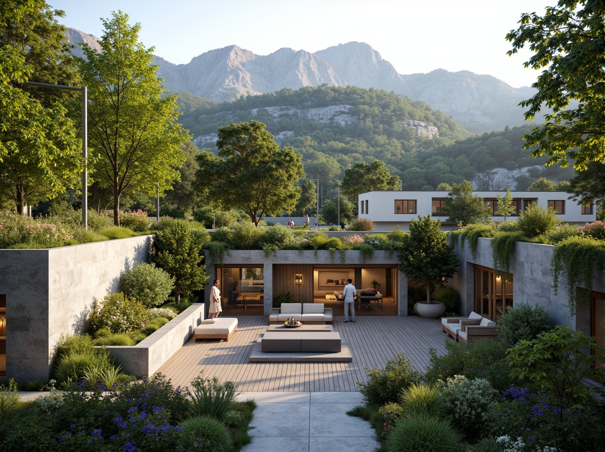 Prompt: Serene courtyard, lush green roofs, vertical gardens, natural stone walls, wooden decks, outdoor seating areas, integrated water features, minimalist architecture, large windows, sliding glass doors, abundant natural light, soft warm ambiance, shallow depth of field, 3/4 composition, panoramic view, realistic textures, ambient occlusion, surrounding mountain ranges, dense forests, rolling hills, meandering paths, blooming flowers, vibrant foliage, seasonal changes, misty mornings, warm sunny afternoons.