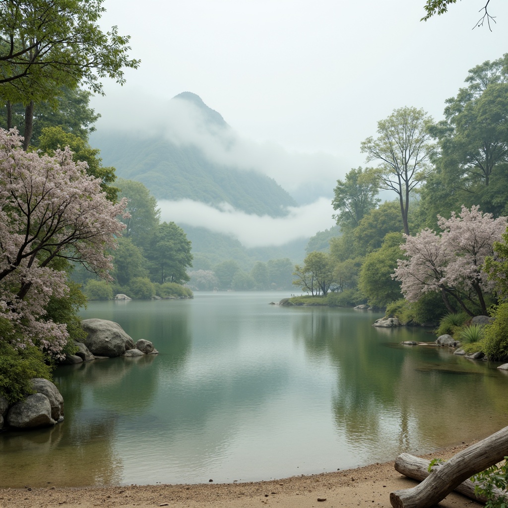 Prompt: Calming serenity scene, soft misty atmosphere, gentle water features, lush greenery, delicate cherry blossoms, tranquil lake reflections, warm beige sandy shores, weathered driftwood, serene mountain backdrop, soothing color palette, pastel blues, pale greens, creamy whites, warm beiges, soft grays, subtle texture overlays, shallow depth of field, 1/1 composition, realistic water effects, natural ambient lighting.