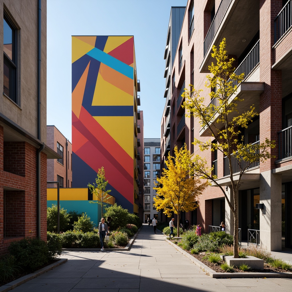 Prompt: Vibrant youth center, geometric constructivist facade, bold color blocking, abstract patterned walls, industrial metal accents, exposed ductwork, urban cityscape, morning sunlight, dramatic shadows, low-angle photography, 1/1 composition, gritty textures, atmospheric mist, brutalist architecture, functional staircases, communal gathering spaces, educational murals, dynamic spatial flow, energetic atmosphere.