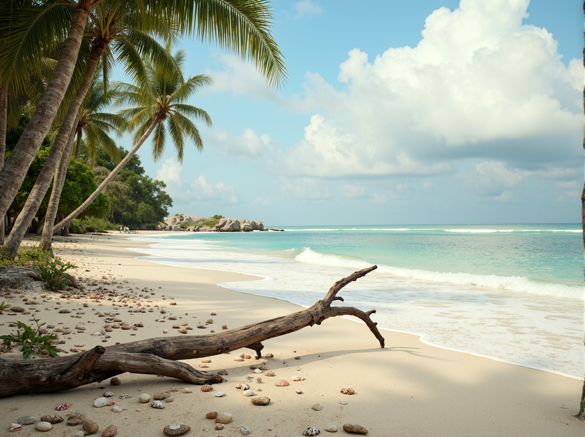 Prompt: Soothing serenity scene, pastel blue skies, soft white clouds, gentle ocean waves, weathered driftwood, creamy sandy beach, lush green palm trees, delicate seashells, calming turquoise water, misty fog effect, warm golden lighting, shallow depth of field, 1/1 composition, realistic textures, ambient occlusion.