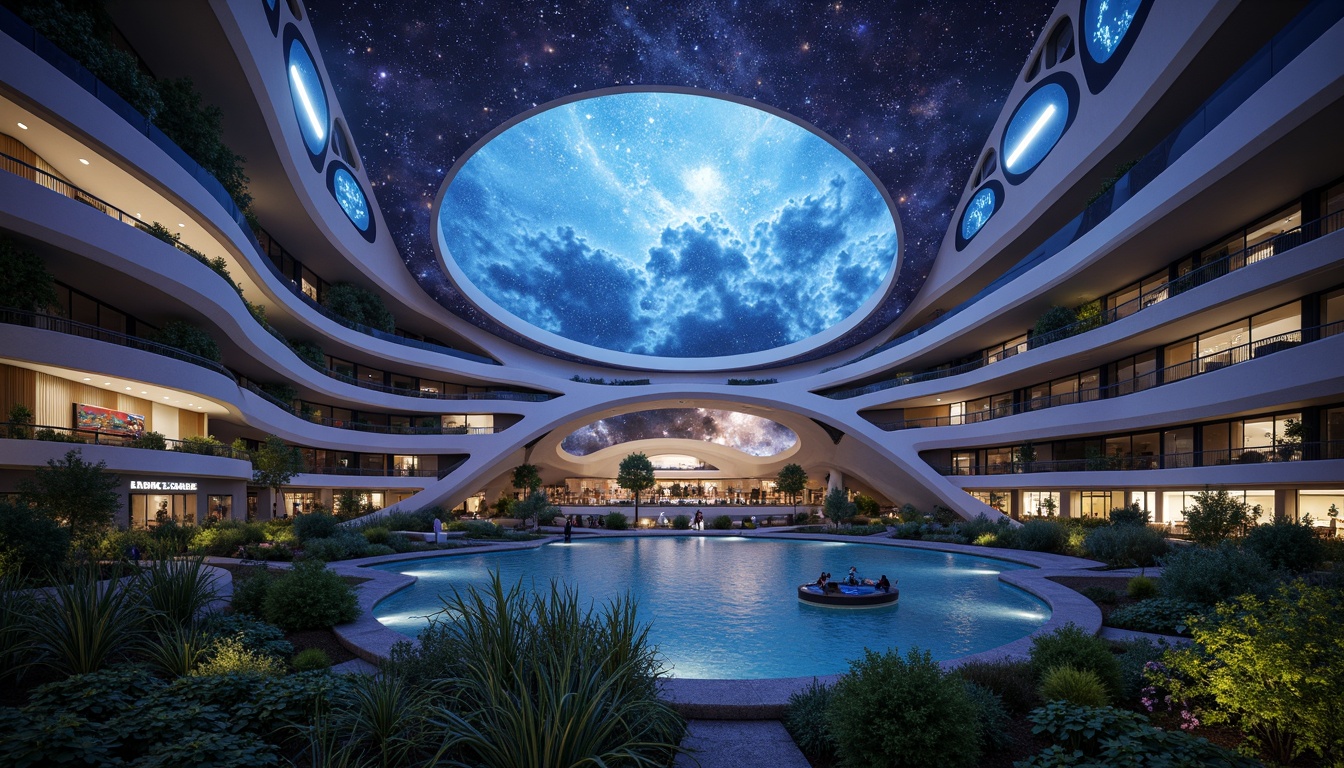 Prompt: Celestial planetarium dome, organic curves, bioluminescent accents, iridescent colors, nebula-inspired patterns, futuristic architecture, undulating hills, lush greenery, meandering pathways, sparkling water features, serene ambiance, soft ethereal lighting, 3/4 composition, panoramic view, realistic textures, ambient occlusion, spherical projection screens, immersive audio systems, starry night sky, astronomical instruments, telescope observatory, stargazing decks, astronomy-themed exhibits.