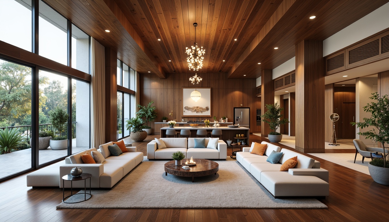 Prompt: Luxurious living room, plush sofas, marble coffee tables, rich wood flooring, elegant chandeliers, soft warm lighting, floor-to-ceiling windows, natural fabrics, vibrant artwork, modern minimalism, functional storage solutions, sleek kitchen islands, quartz countertops, high-gloss cabinetry, spacious master bedrooms, walk-in closets, freestanding tubs, rainfall showerheads, ambient music systems, smart home automation, 1/2 composition, shallow depth of field, realistic textures.