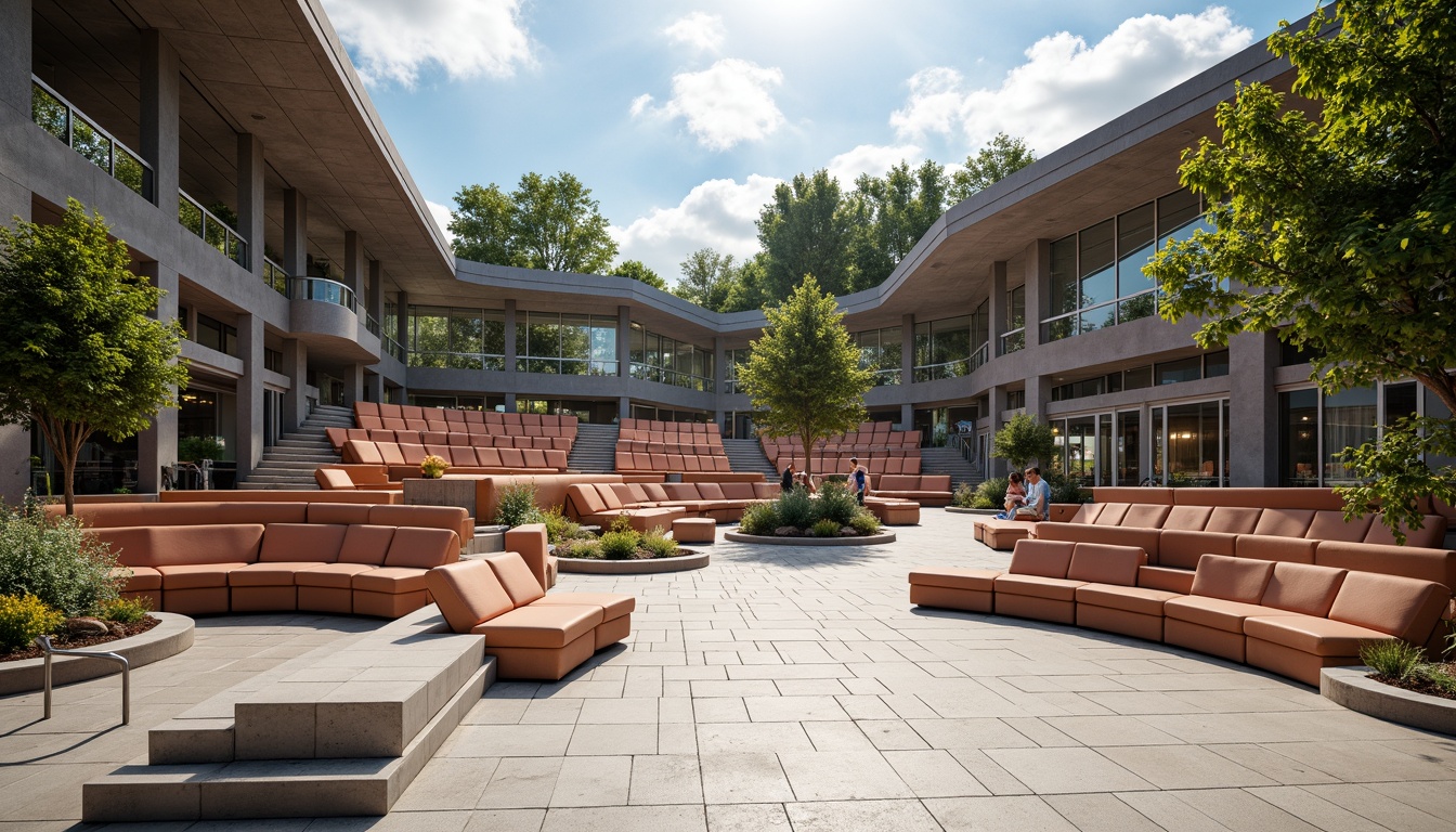 Prompt: Amphitheater seating, curved rows, modernist architecture, sleek metal frames, polished concrete floors, minimalist design, cantilevered roofs, open-air atmosphere, lush greenery surroundings, warm sunny day, soft natural lighting, shallow depth of field, 3/4 composition, panoramic view, realistic textures, ambient occlusion, geometric patterns, bold color accents, comfortable cushioning, ergonomic chair designs, stainless steel handrails, futuristic ambiance.