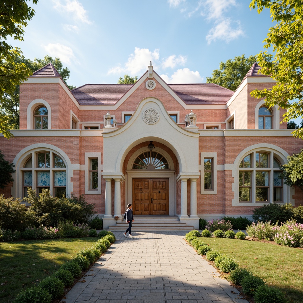 Prompt: Whimsical elementary school building, soft pastel colors, ornate stone carvings, flowing curves, grand entrance arches, decorative turrets, steeply pitched roofs, vibrant flower-patterned windows, intricate wooden doors, rustic brick walls, lush greenery, blooming trees, sunny day, warm golden lighting, shallow depth of field, 1/1 composition, realistic textures, ambient occlusion.