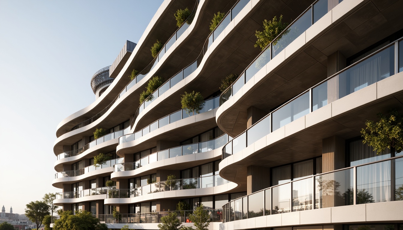 Prompt: Curved building facade, Art Deco patterns, metallic materials, rounded corners, horizontal lines, minimalist ornamentation, chrome accents, sleek glass railings, cantilevered balconies, nautical-inspired details, ocean liner-esque vibe, sunny day, soft warm lighting, shallow depth of field, 3/4 composition, panoramic view, realistic reflections, ambient occlusion.