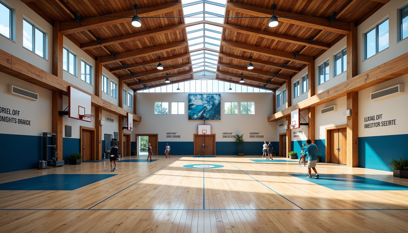 Prompt: Modern gymnasium interior, high ceilings, polished wooden floors, sports equipment, basketball hoops, tennis courts, athletic tracks, vibrant color schemes, motivational quotes, dynamic lighting systems, LED strips, suspended ceiling lights, floor lamps, natural light influx, clerestory windows, skylights, softbox lights, diffused lighting effects, 1/2 composition, shallow depth of field, realistic textures, ambient occlusion.