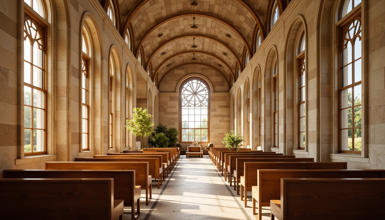 Prompt: Serene spiritual atmosphere, elegant stained glass windows, warm beige stone walls, soothing cream-colored pews, rich wood accents, subtle golden lighting, calm natural ambiance, peaceful dove grey tones, majestic vaulted ceilings, ornate intricate details, subtle cross patterns, soft warm glow, realistic textures, ambient occlusion.