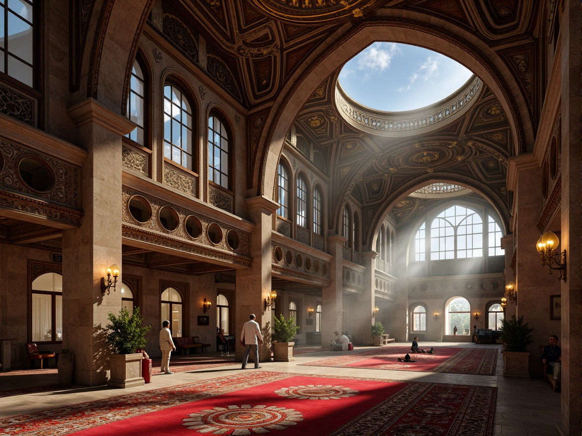 Prompt: Intricate stone carvings, ornate mosaics, grand domes, arched windows, ornamental columns, richly patterned textiles, vibrant golden accents, warm candlelight, subtle shadows, atmospheric mist, 1/2 composition, cinematic lighting, detailed architectural textures, ambient occlusion.