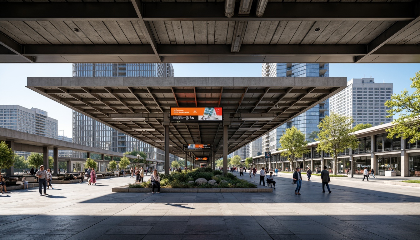 Prompt: Concrete bus station, industrial aesthetic, exposed ductwork, metallic beams, urban landscape, bustling city streets, modern transportation hub, glass canopies, steel frameworks, polished concrete floors, vibrant LED signage, dynamic lighting effects, cantilevered roofs, angular fa\u00e7ades, brutalist architecture, functional design, efficient circulation paths, public art installations, urban furniture, pedestrian-friendly zones, sunny day, high contrast shadows, 1/1 composition, symmetrical framing, realistic textures, ambient occlusion.