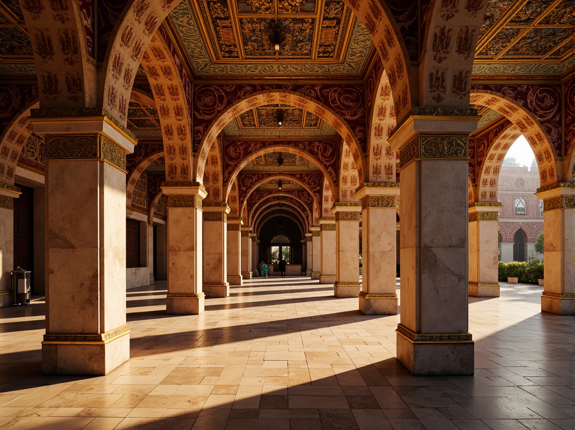 Prompt: Intricate arches, ornate columns, golden mosaics, richly patterned textiles, grand domes, symmetrical facades, warm terracotta tones, rustic stone walls, ornamental capitals, Byzantine-inspired ornaments, lavish decorations, intricate carvings, soft warm lighting, shallow depth of field, 1/1 composition, realistic textures, ambient occlusion.