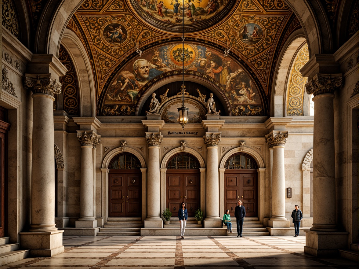 Prompt: Intricate stone carvings, ornate arches, grand domes, golden mosaics, vibrant frescoes, ornamental columns, lavish capitals, patterned marble floors, majestic entrance doors, intricate ironwork, rustic stonework, warm candlelight, soft ambient shadows, 3/4 composition, shallow depth of field, panoramic view, realistic textures, ambient occlusion.