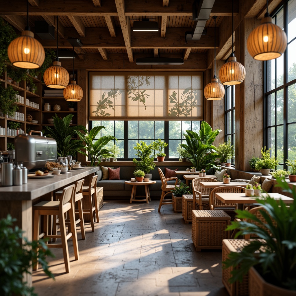 Prompt: Cozy coffee shop interior, reclaimed wooden walls, earthy tone flooring, natural stone countertops, live greenery, pendant lamps, woven rattan furniture, organic fabrics, botanical prints, warm ambient lighting, soft focus photography, shallow depth of field, 1/2 composition, inviting atmosphere, rustic-chic decor.