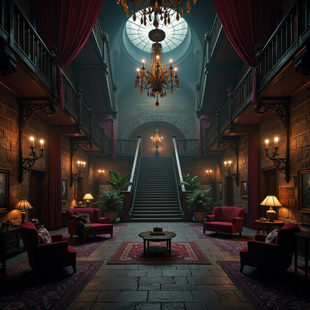 Prompt: Dark mysterious atmosphere, medieval-inspired architecture, grandiose chandeliers, lavish furnishings, ornate wood carvings, rich velvet drapes, ominous shadows, eerie ambiance, bold red accents, deep purple hues, mossy green tones, weathered stone walls, dramatic lighting, high contrast ratios, mysterious fog effects, cinematic composition, symmetrical framing, warm golden lighting, intricate stonework patterns.