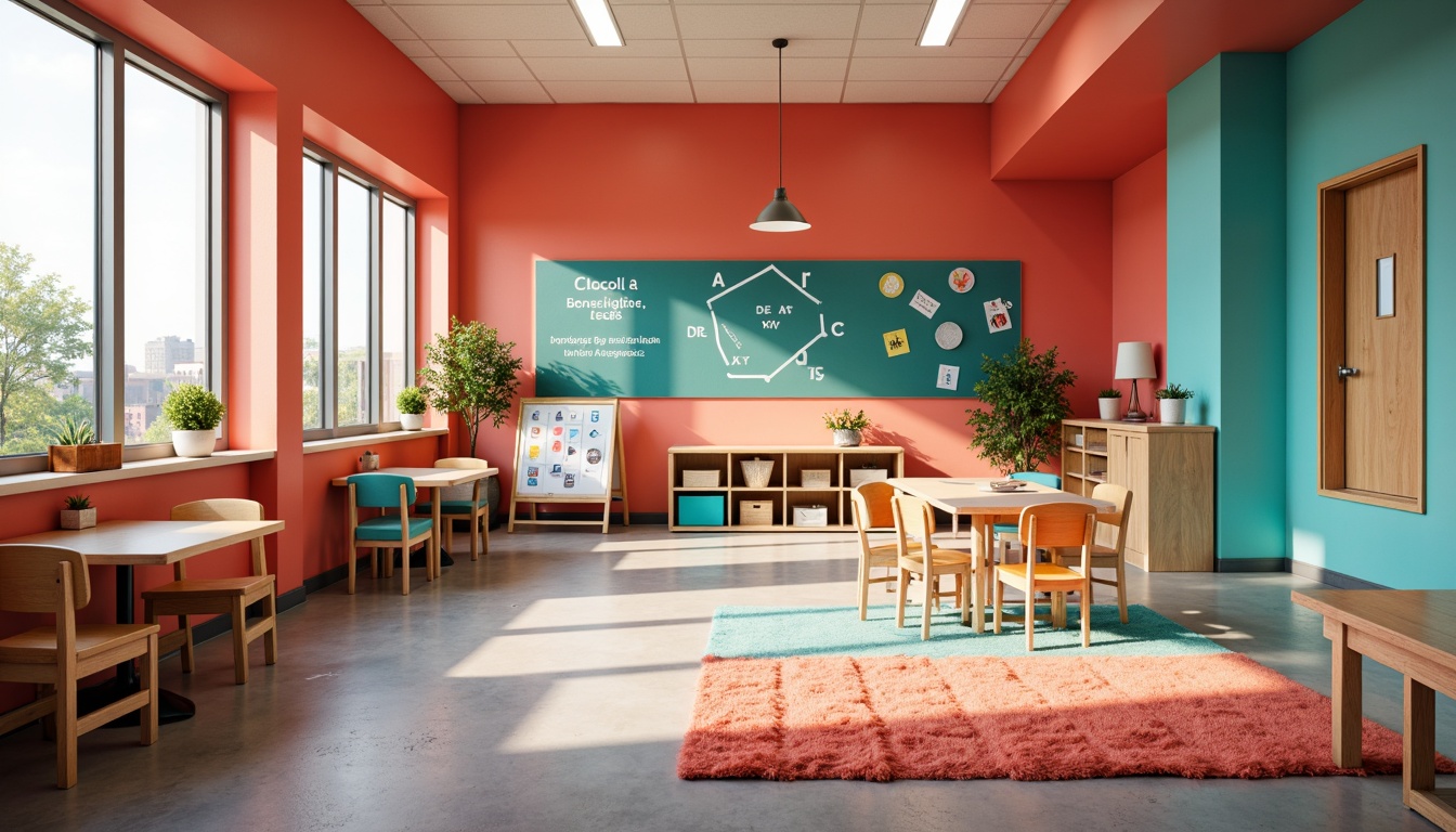 Prompt: Vibrant kindergarten interior, bright coral walls, turquoise accents, wooden furniture, alphabet decorations, educational charts, interactive whiteboards, cozy reading nooks, plush area rugs, natural light pouring in, large windows, modern minimalist architecture, playful geometric patterns, bold typography, stimulating color schemes, warm atmosphere, shallow depth of field, 1/1 composition, realistic textures, ambient occlusion.