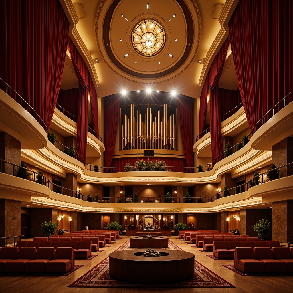 Prompt: Grand concert hall, luxurious velvet curtains, polished wooden floors, ornate chandeliers, plush theater seats, richly patterned carpets, acoustic panels, soundproofing materials, dramatic spotlights, warm golden lighting, high ceilings, grandiose architectural details, sweeping curves, modern minimalist design, contrasting textures, smooth marble walls, rough-hewn stone accents, intricate moldings, soft upholstered furniture, vibrant colorful fabrics, dynamic 3D composition, cinematic camera angles, atmospheric ambient occlusion.