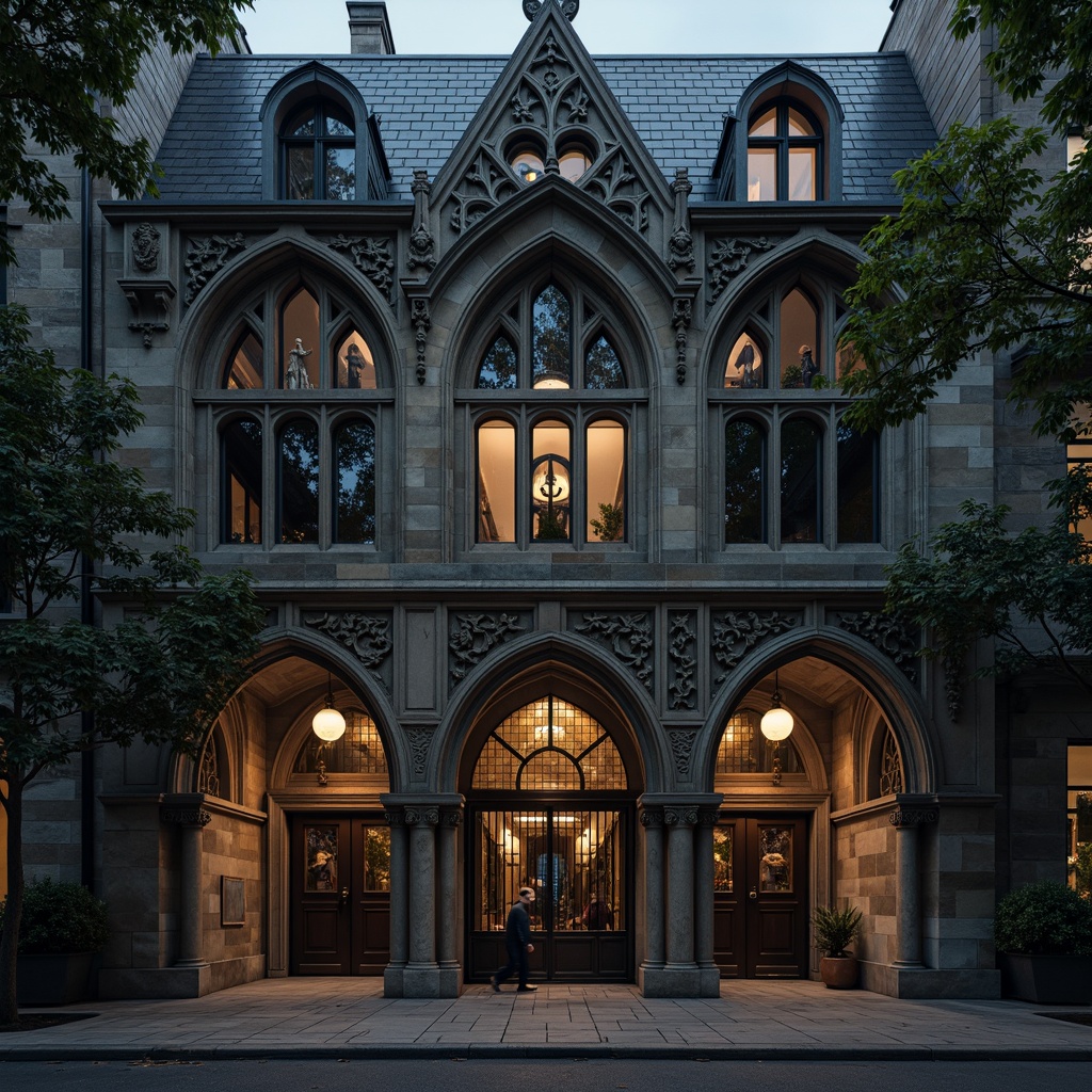 Prompt: Ornate Gothic office facade, pointed arches, ribbed vaults, flying buttresses, stained glass windows, intricate stone carvings, grand entranceways, heavy metal doors, ornamental ironwork, weathered stone walls, mysterious ambient lighting, high contrast shadows, dramatic depth of field, 2/3 composition, symmetrical framing, rich textures, cinematic atmosphere.