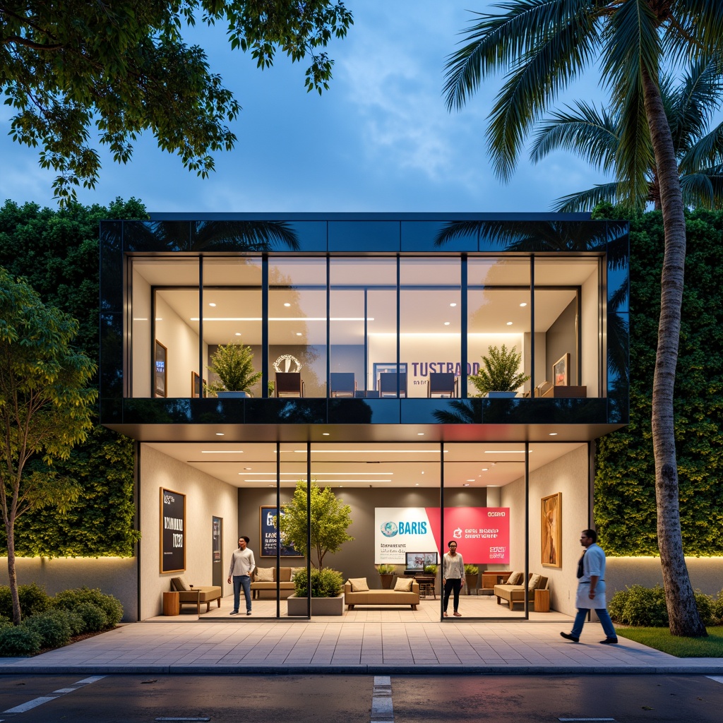 Prompt: Modern dental clinic facade, sleek glass surfaces, minimalist metallic frames, subtle LED lighting, calming water features, lush green walls, natural stone cladding, large windows, clear glass doors, warm wooden accents, vibrant colorful signage, educational graphics, 3D logo designs, shallow depth of field, 1/1 composition, panoramic view, realistic textures, ambient occlusion, soft warm lighting, morning sunlight, gentle shadows.