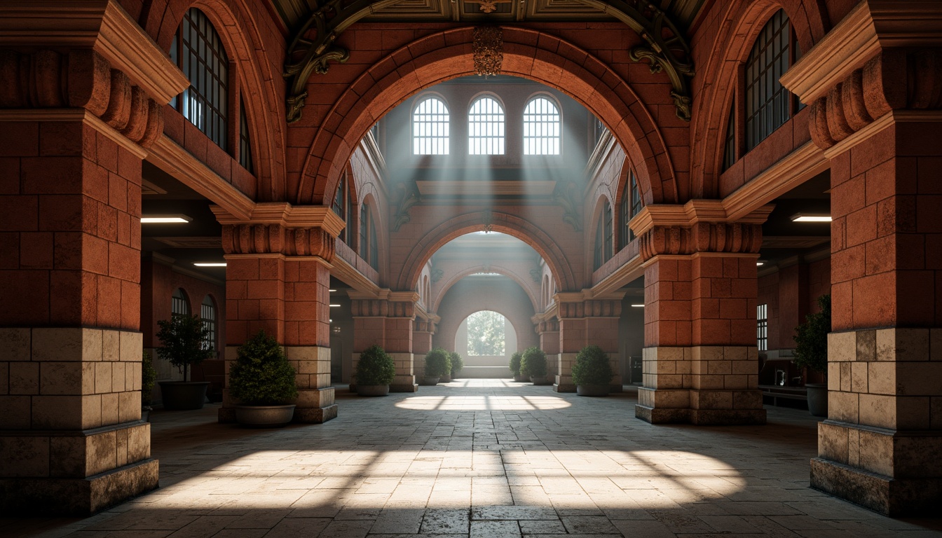 Prompt: Rustic metro station, vaulted ceilings, arch-shaped windows, ornate carvings, rough-hewn stone walls, brick-red color scheme, grandiose entrance halls, imposing columns, richly textured surfaces, warm ambient lighting, dramatic shadows, atmospheric misting effects, 3/4 composition, low-angle photography, cinematic framing, intricate stonework patterns, medieval-inspired architectural details, robust structural elements, ornamental ironwork, vintage industrial aesthetics, distressed concrete textures.