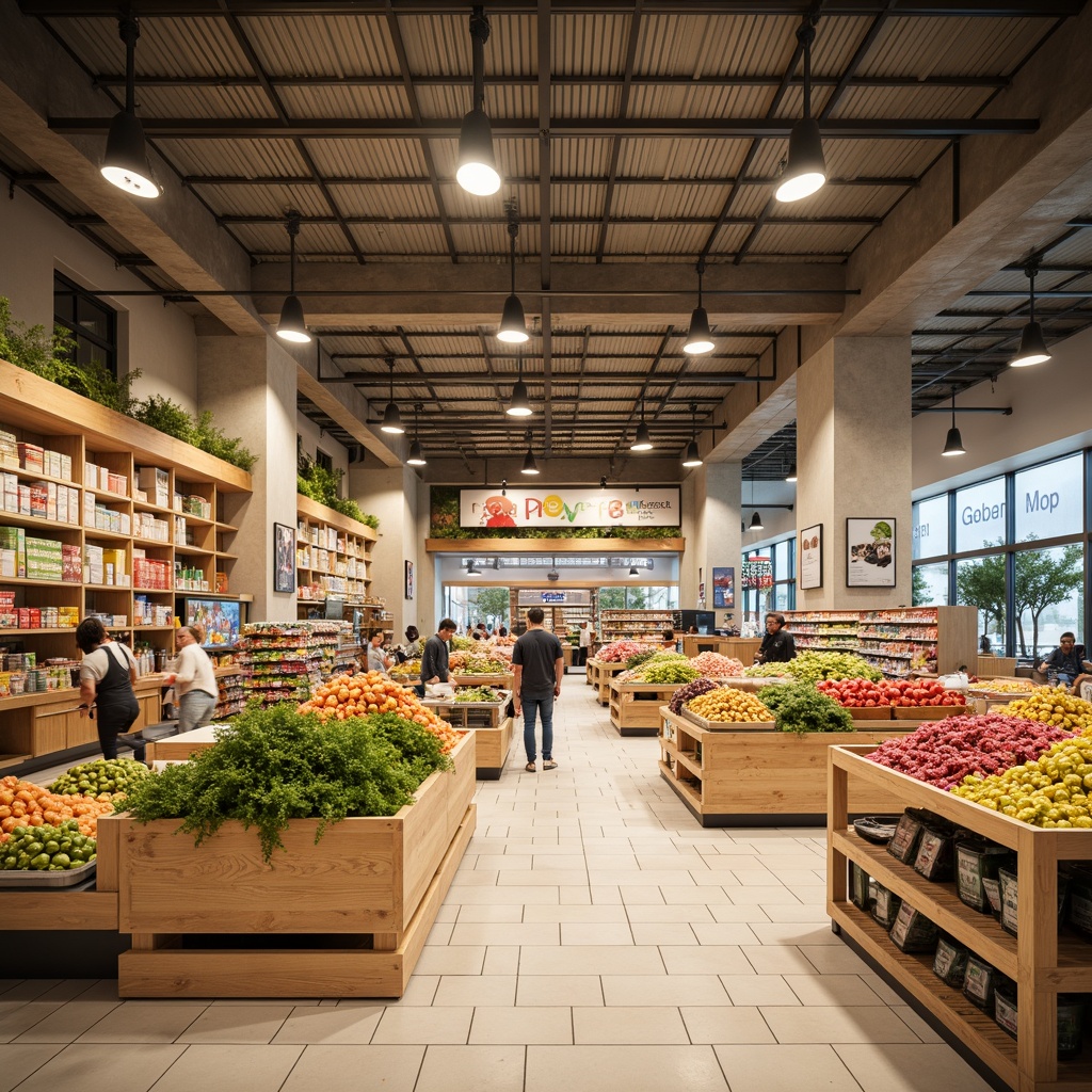 Prompt: Vibrant grocery store interior, modern shelving units, colorful product displays, fresh produce stands, deli counters, bakery sections, checkout lanes, shopping carts, floor tiles, decorative lighting fixtures, high ceilings, open spaces, navigable aisles, category signage, attractive promotional materials, warm beige tones, soft ambient lighting, shallow depth of field, 2/3 composition, realistic textures, ambient occlusion.