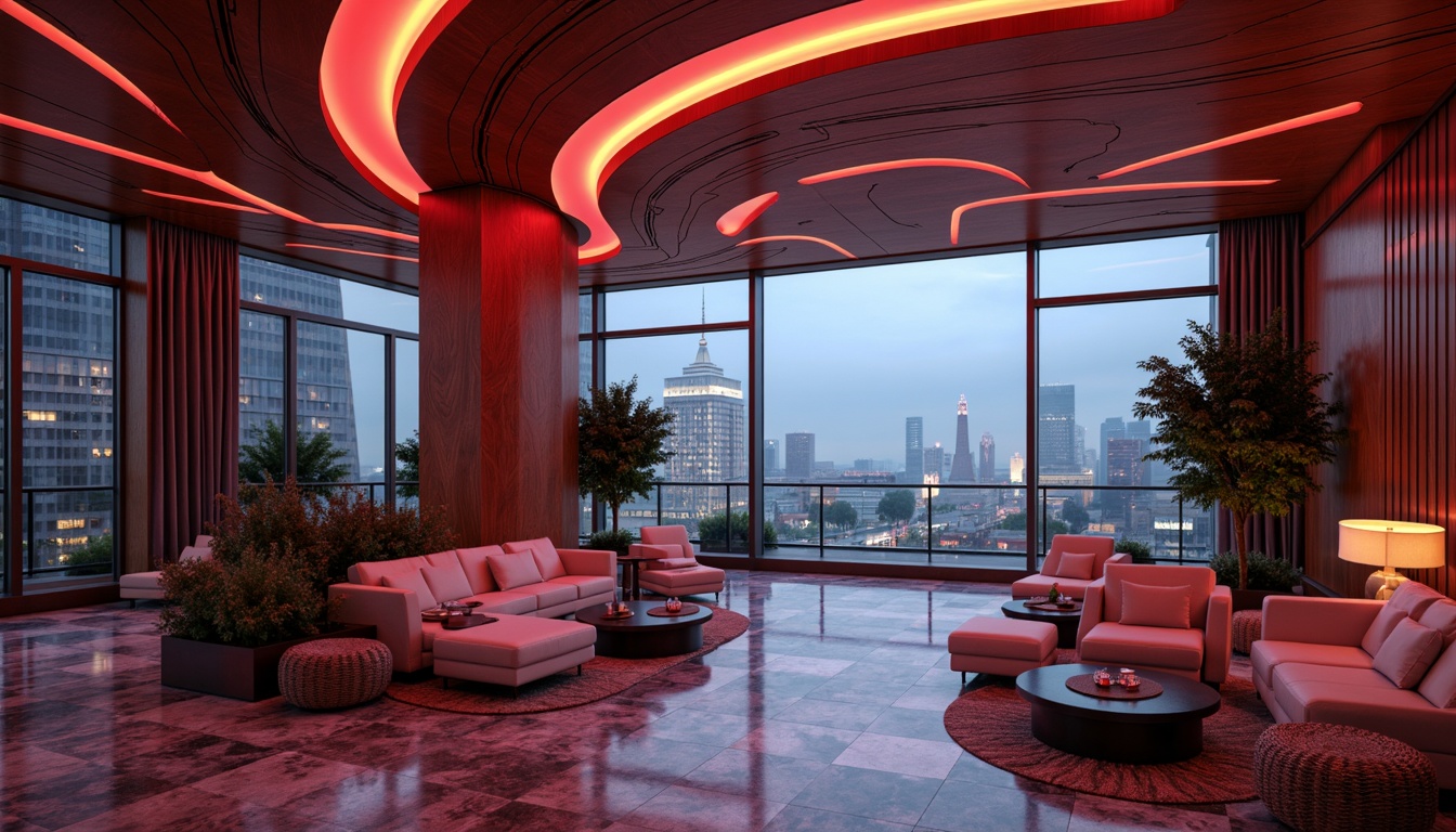 Prompt: Luxurious penthouse, expressionist architecture, undulating curves, asymmetrical forms, bold color contrasts, vibrant Art Deco patterns, metallic accents, LED lighting strips, floor-to-ceiling windows, panoramic city views, high-end materials, marble flooring, glass railings, sleek minimalistic decor, futuristic ambiance, dramatic shading, cinematic composition, 1/2 camera angle, low-key lighting, rich textures, detailed normal maps.