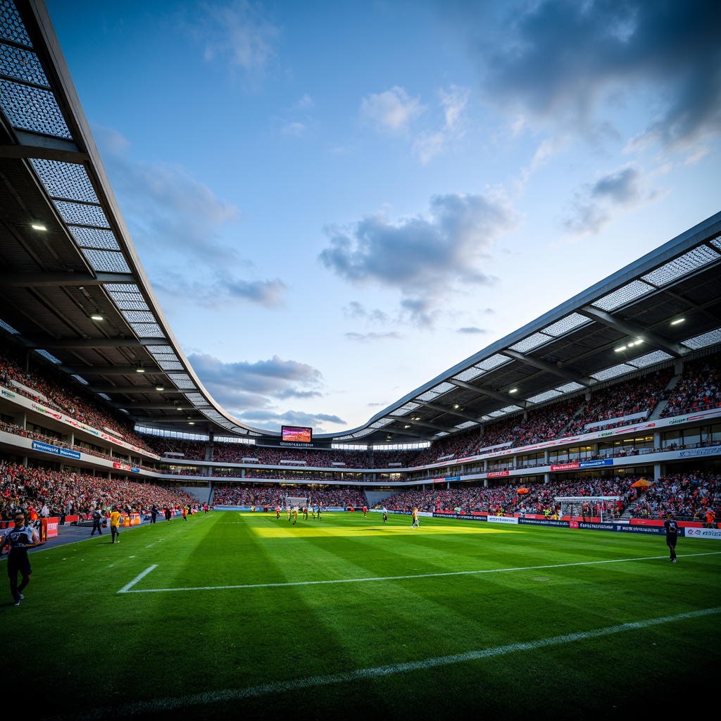 Prompt: Sleek football stadium, curved lines, dynamic architecture, cantilevered roofs, translucent fa\u00e7ades, steel structures, vibrant team colors, lush green grass, floodlighting, evening atmosphere, shallow depth of field, 1/1 composition, wide-angle lens, realistic textures, ambient occlusion, dramatic shadows, action-packed scenes, excited crowd, energetic atmosphere.