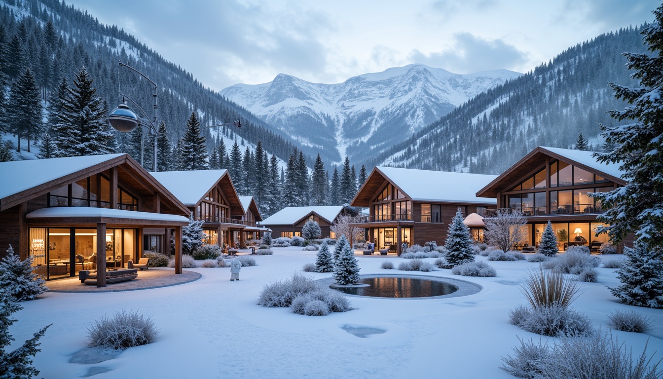 Prompt: Snow-capped mountains, lush forest surroundings, frozen lakes, ski trails, chairlifts, gondolas, modern ski center architecture, rustic wooden buildings, large glass windows, snow-covered roofs, warm cozy interior lighting, comfortable lounge seating, crackling fireplaces, scenic overlooks, panoramic views, misty atmospheric effects, shallow depth of field, 1/2 composition, symmetrical balance, natural stone walls, earthy color palette, frosty mornings, gentle snowfall.