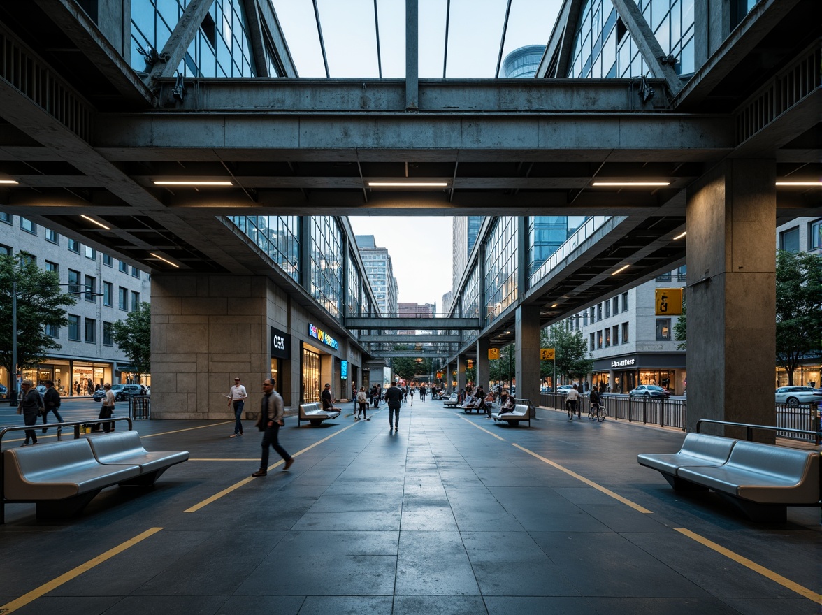 Prompt: Industrial bus station, exposed concrete structure, metallic beams, glass roof, urban landscape, busy streets, city lights, modern transportation hub, sleek benches, stainless steel handrails, LED signage, futuristic ticketing systems, natural ventilation, open spaces, minimal ornamentation, functional design, urban decay textures, moody lighting, shallow depth of field, 1/2 composition, cinematic atmosphere.