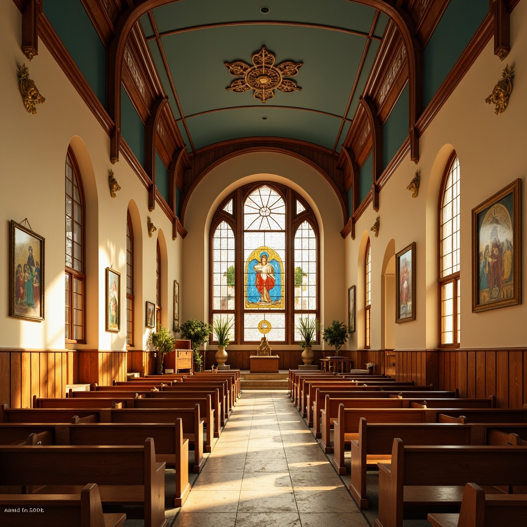 Prompt: Sacred church interior, warm golden lighting, soft beige walls, rich wooden accents, elegant stained glass windows, vibrant religious artwork, comforting Cream-colored pews, serene blue ceiling, subtle ornate details, natural stone flooring, peaceful ambiance, calming atmosphere, soft focus, shallow depth of field, 2/3 composition, symmetrical framing, realistic textures.