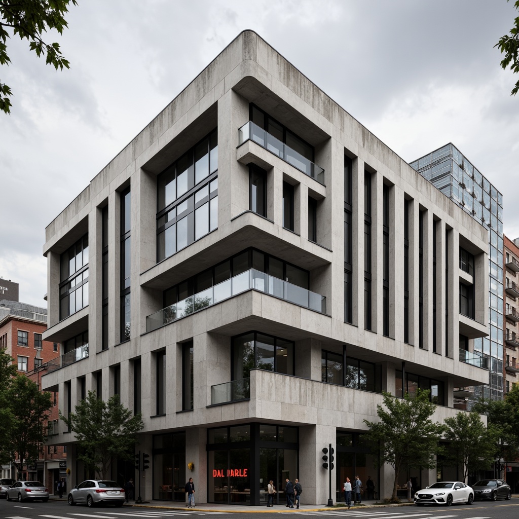 Prompt: Geometric Bauhaus building, asymmetrical facade, industrial materials, exposed pipes, steel beams, concrete walls, minimal ornamentation, rectangular windows, functional design, bold color blocking, graphic patterns, modernist typography, urban cityscape, cloudy grey sky, dramatic shadows, high-contrast lighting, 1/1 composition, symmetrical framing, gritty textures, subtle weathering effects.