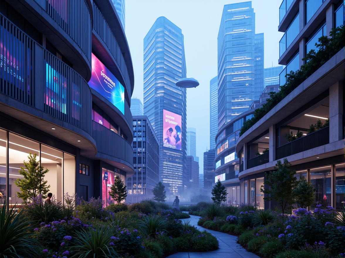 Prompt: Futuristic cityscape, neon-lit skyscrapers, sleek curved lines, holographic advertisements, levitating transportation pods, verdant green roofs, sustainable urban farming, gleaming metallic surfaces, iridescent glass facades, cyberpunk alleys, misty atmospheric effects, soft blue-purple ambient lighting, 1/2 composition, low-angle shot, cinematic depth of field, vibrant neon color palette, intricate circuitry patterns, abstract futuristic shapes.