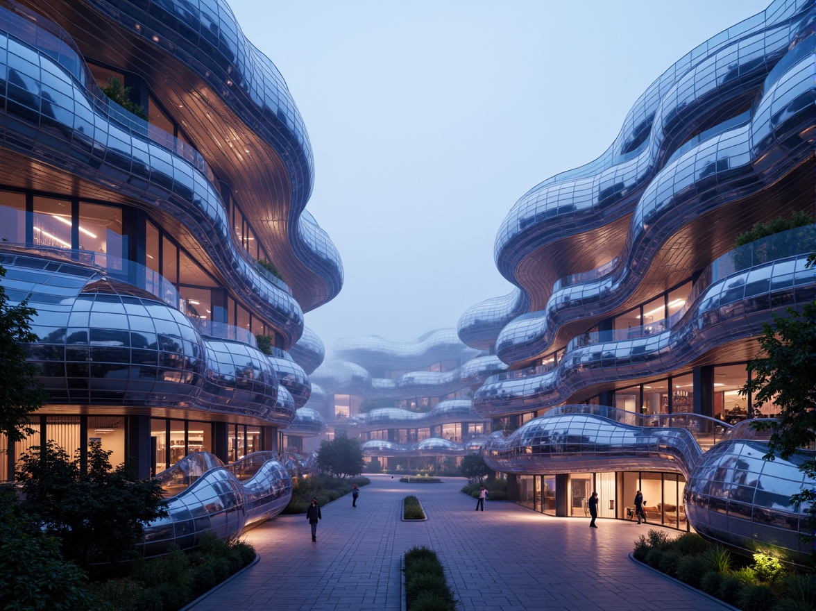 Prompt: Organic blob-like buildings, wavy irregular shapes, futuristic architecture, iridescent colors, glowing neon lights, reflective metallic surfaces, parametric design, algorithmic patterns, flowing curves, dynamic structures, cantilevered volumes, translucent canopies, LED light installations, foggy misty atmosphere, shallow depth of field, 1/2 composition, wide-angle lens, cinematic lighting, high-tech materials, avant-garde aesthetics.