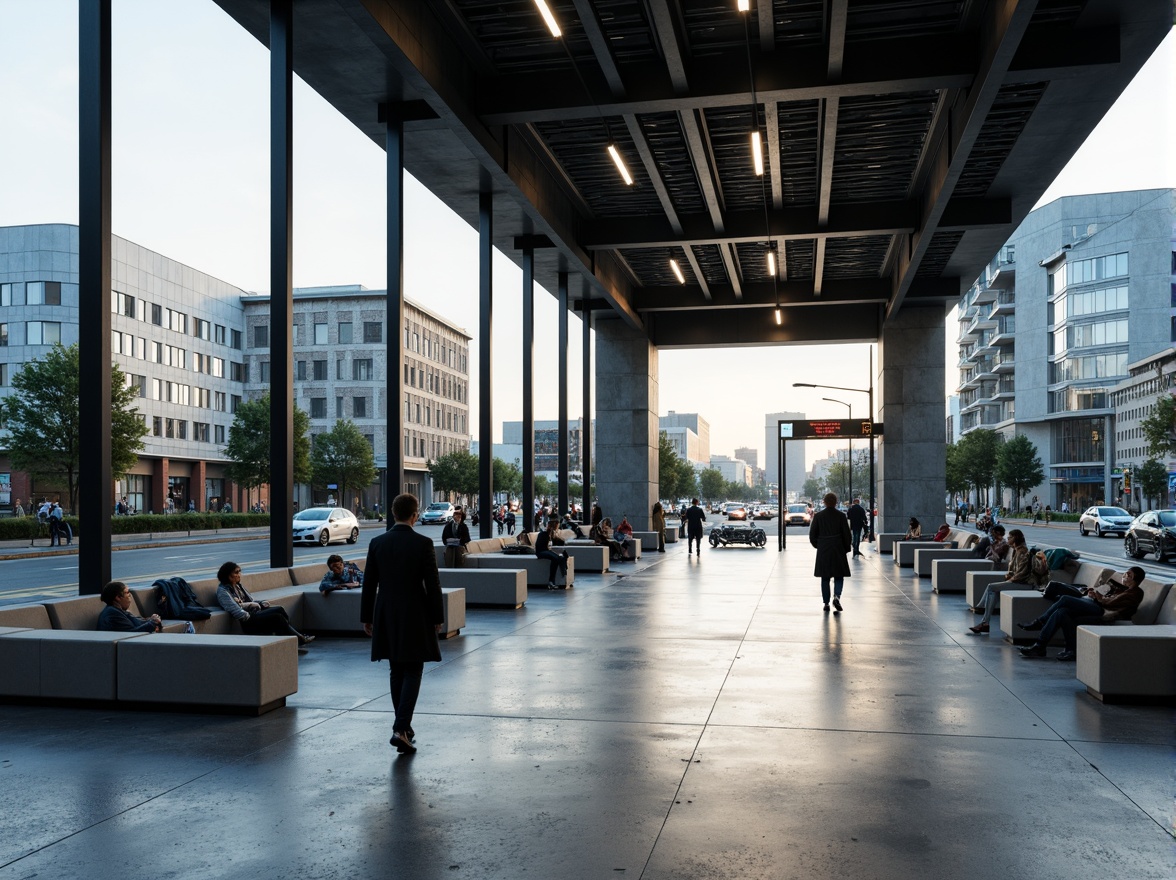 Prompt: Modern bus station, sleek metal framework, transparent glass fa\u00e7ade, polished concrete floors, industrial-style lighting fixtures, minimalist seating areas, urban landscape surroundings, busy city streets, morning rush hour atmosphere, soft natural light, shallow depth of field, 1/1 composition, realistic textures, ambient occlusion, brutalist architecture style, exposed ductwork, raw concrete walls, stainless steel railings, LED signage displays.