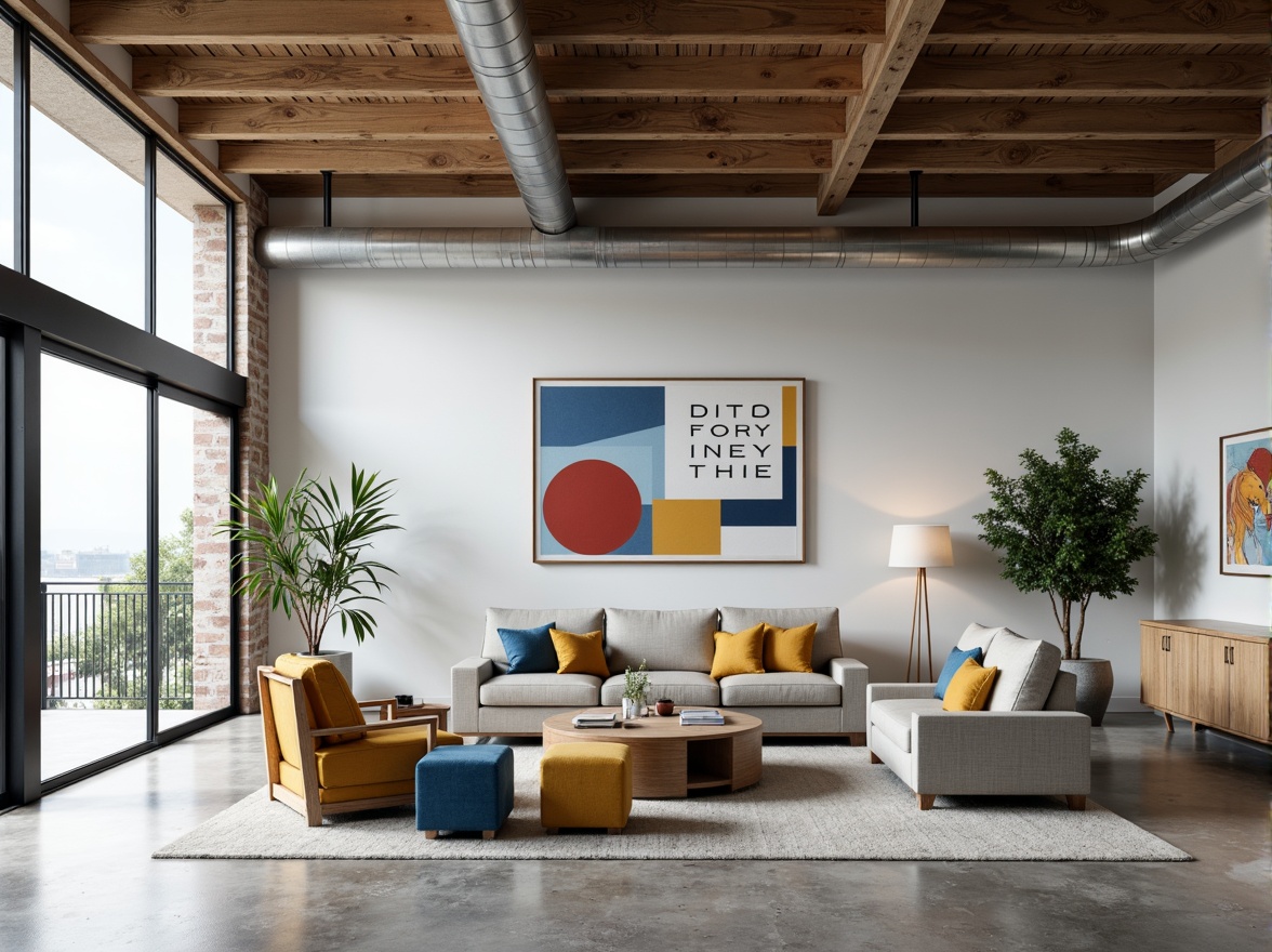 Prompt: Open floor plan, minimalist decor, functional simplicity, industrial materials, exposed ductwork, polished concrete floors, large windows, sliding glass doors, natural light, airy atmosphere, flexible living spaces, multi-functional furniture, geometric shapes, primary color accents, bold typography, abstract artwork, modernist architecture, urban loft aesthetic, high ceilings, spacious interiors, minimal ornamentation, functional simplicity, innovative storage solutions, sleek metallic fixtures, industrial-chic lighting.