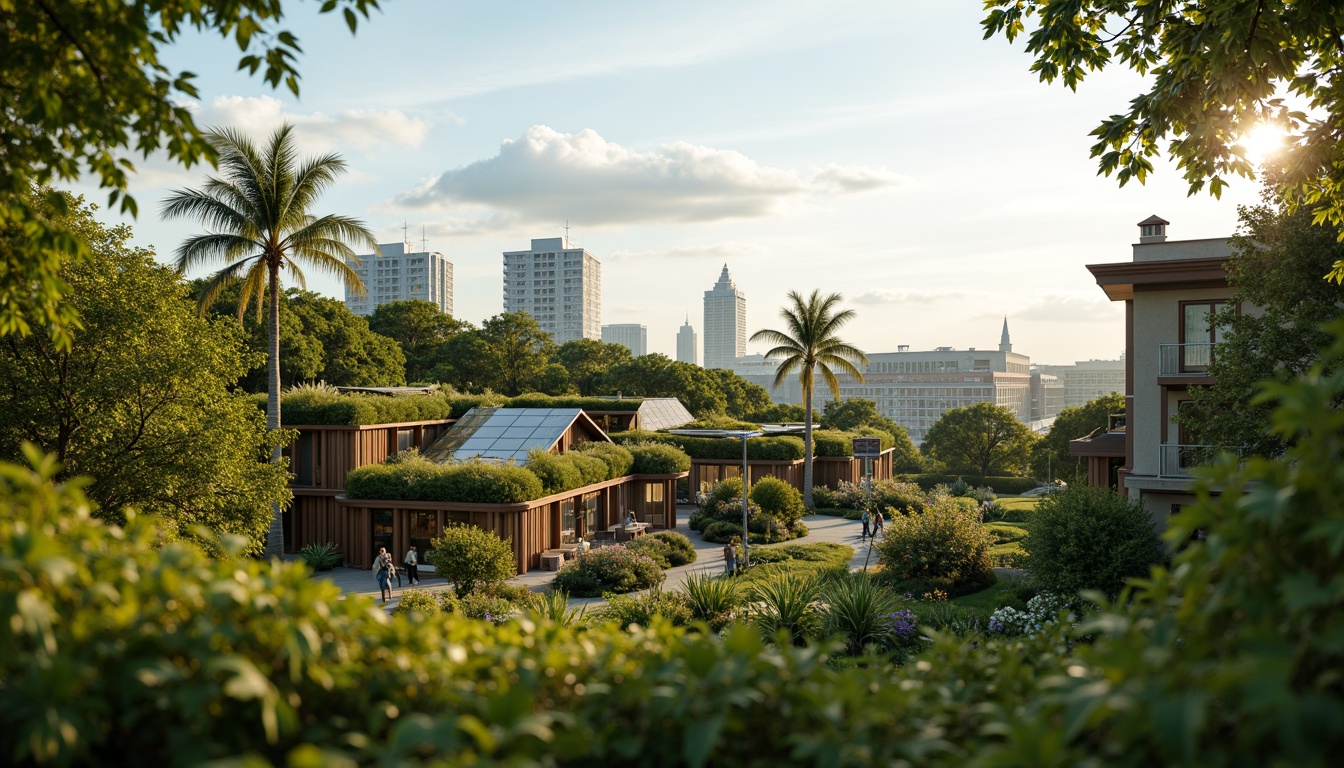 Prompt: Eco-friendly buildings, green roofs, solar panels, rainwater harvesting systems, natural ventilation systems, recycled materials, sustainable urban planning, vibrant flora, lush greenery, serene atmosphere, warm natural light, shallow depth of field, 3/4 composition, panoramic view, realistic textures, ambient occlusion.