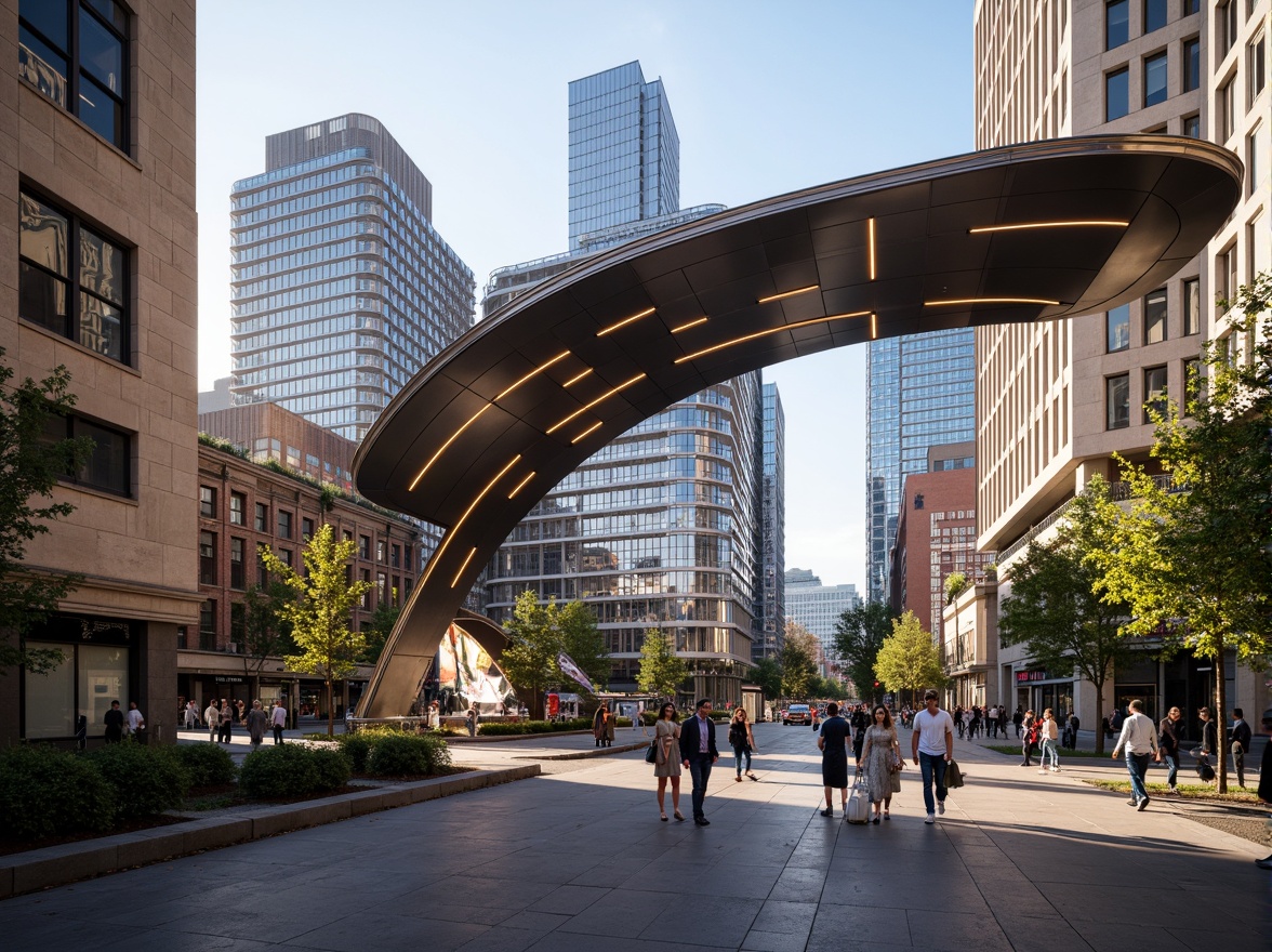 Prompt: Curved bus station facade, fusion architecture style, metallic materials, LED lighting strips, dynamic shapes, futuristic vibe, urban cityscape, busy street scene, morning rush hour atmosphere, warm golden lighting, shallow depth of field, 1/1 composition, symmetrical balance, modern transportation hub, integrated public art installations, sleek glass canopies, minimalist signage systems, pedestrian-friendly zones, green roofs, sustainable energy harvesting systems.