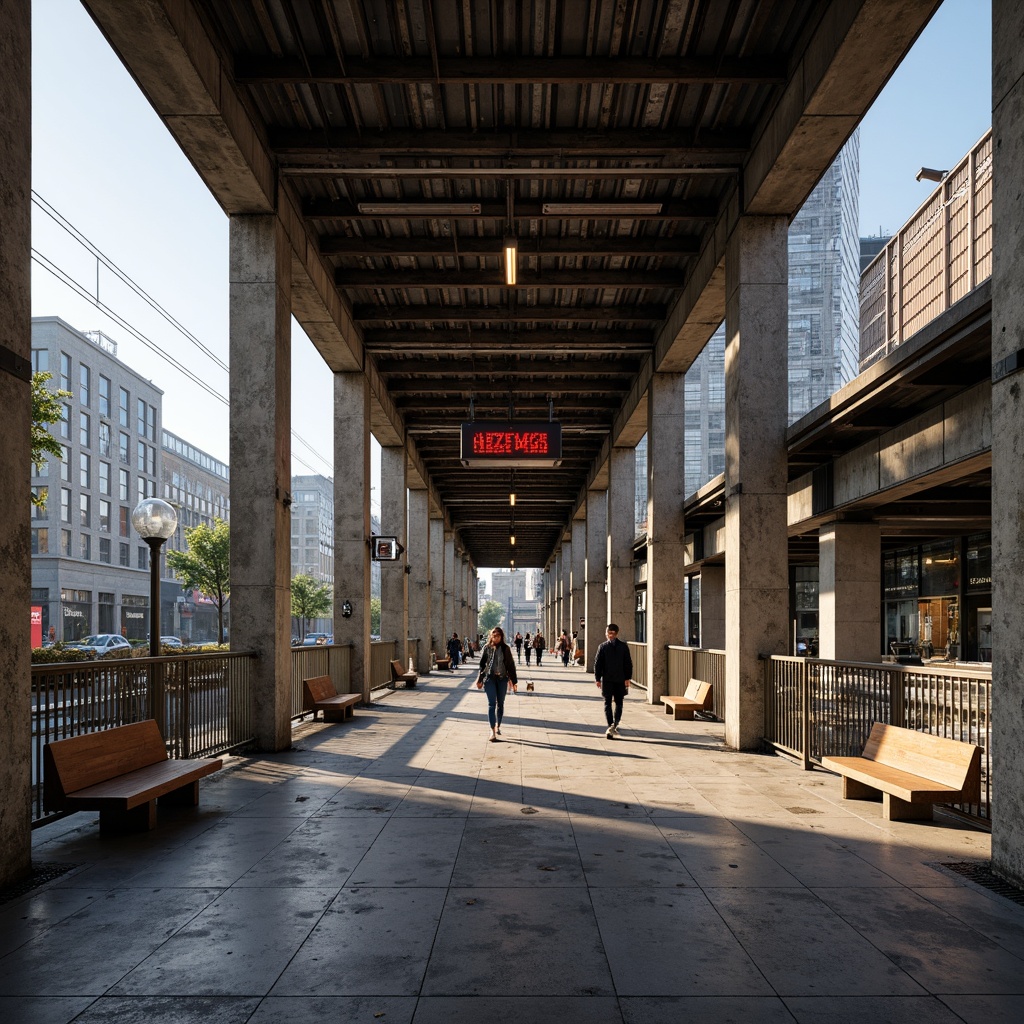 Prompt: Rustic bus station, industrial metal framework, concrete pillars, wooden benches, steel roofs, brutalist architecture, urban landscape, morning commute, natural light pouring, soft shadows, shallow depth of field, 1/1 composition, symmetrical view, realistic textures, ambient occlusion, modern signage, digital displays, dynamic LED lights, urban furniture, pedestrian pathways, city soundscape.