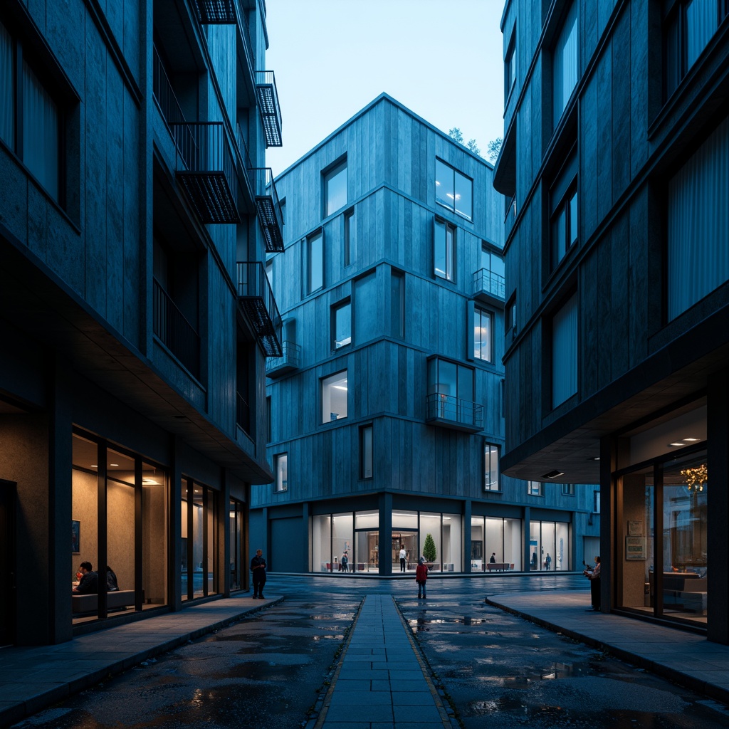 Prompt: Moody Prussian blue buildings, industrial urban landscape, gritty city streets, abstract brutalist architecture, exposed concrete walls, metallic accents, bold geometric shapes, dramatic nighttime lighting, high contrast shadows, cinematic atmosphere, misty rain effects, shallow depth of field, 2/3 composition, symmetrical framing, realistic textures, ambient occlusion.