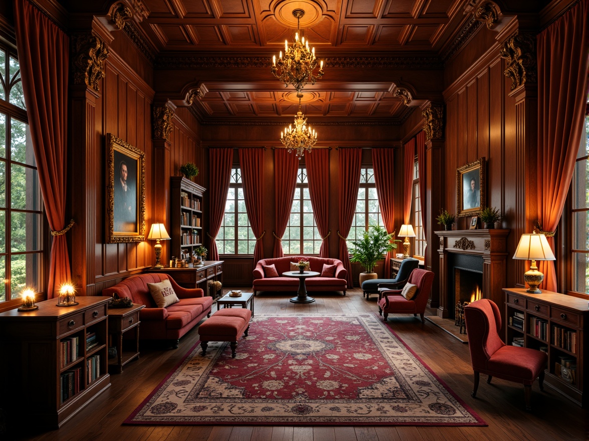 Prompt: Cozy study room, warm candlelight, rich wood paneling, ornate furniture, velvet drapes, soft golden lighting, plush area rugs, comfortable reading nooks, intricate carvings, ornamental mirrors, luxurious fabrics, elegant chandeliers, dramatic archways, whimsical artwork, mystical ambiance, 1/1 composition, shallow depth of field, warm color palette, realistic textures.