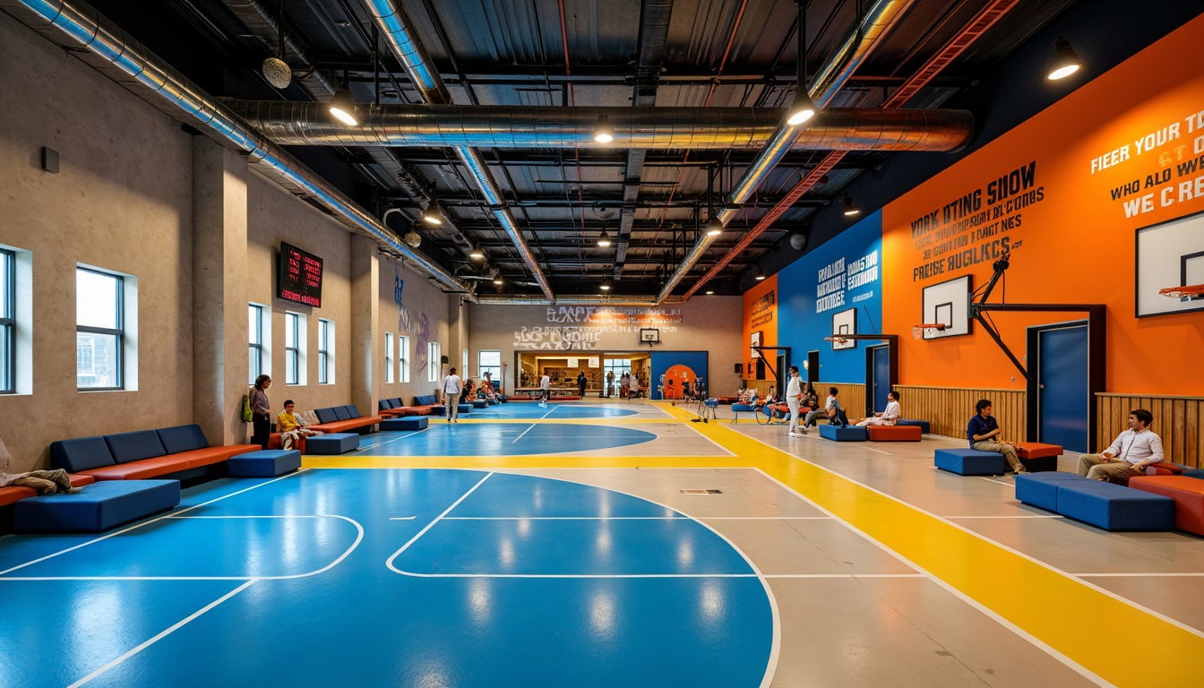 Prompt: Vibrant gymnasium interior, bold color scheme, energetic atmosphere, dynamic lighting, sleek flooring, modern sports equipment, basketball courts, athletic tracks, exercise stations, motivational quotes, industrial metal beams, exposed ductwork, polished concrete walls, neon signage, urban graffiti, trendy furniture, comfortable seating areas, natural wood accents, warm beige tones, deep blues, bright oranges, sunny yellow highlights, high-contrast color blocking, 1/2 composition, dramatic shadows, realistic reflections.